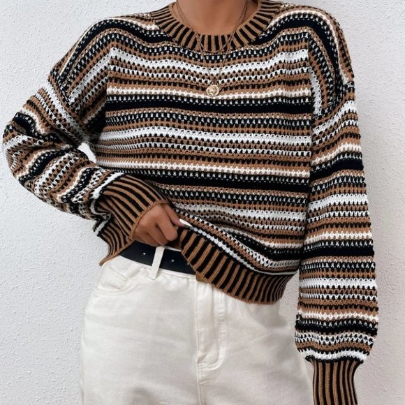 casual striped lantern sleeve sweater top - Picture 3 of 7
